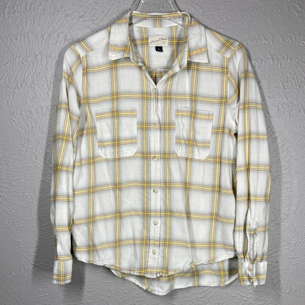 Universal Thread White Yellow Grey Plaid Long Sleeve Button Up Shirt Siz…